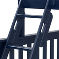 Close-up of navy blue painted wooden ladder showing rungs, side rails and textured finish for outdoor furniture and decor
