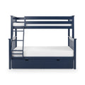 Navy blue wooden bunk bed with built-in ladder and under-bed storage drawers, white mattresses, kids bedroom furniture