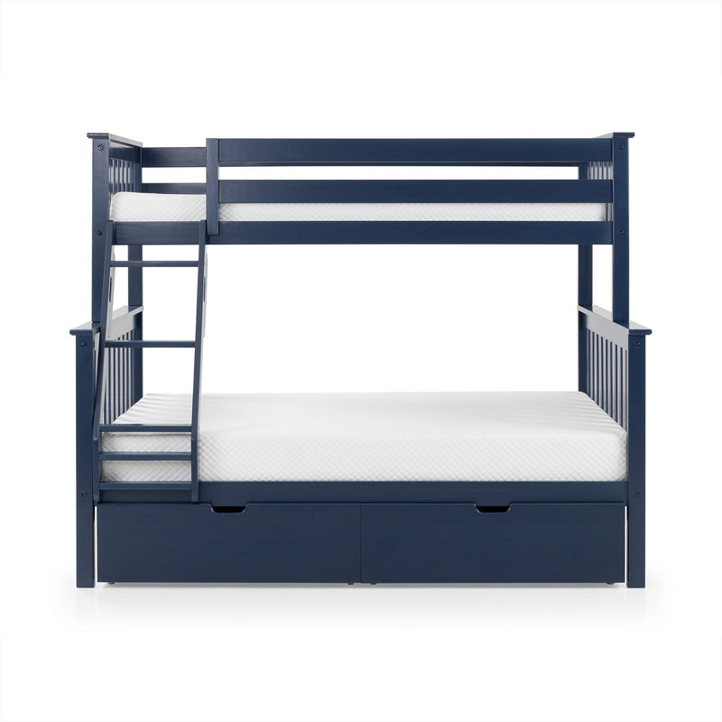 Navy blue wooden bunk bed with built-in ladder and under-bed storage drawers, white mattresses, kids bedroom furniture