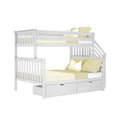 White wooden twin-over-full bunk bed with under-bed storage drawers and yellow bedding, space-saving kids loft bed
