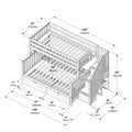 Isometric assembly diagram of a wooden triple bunk bed with staircase, under-bed drawers and labeled dimensions in inches (cm)