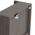 Gray oak-finish furniture panel with metal mounting brackets and white nylon roller casters for sliding cabinet or dresser