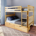 Light solid wood bunk bed with ladder and built-in under-bed storage drawers, blue star-print pillows and gray-blue bedding in a modern kids' bedroom with gray walls, window and patterned rug
