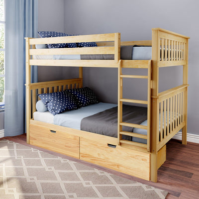 Light solid wood bunk bed with ladder and built-in under-bed storage drawers, blue star-print pillows and gray-blue bedding in a modern kids' bedroom with gray walls, window and patterned rug