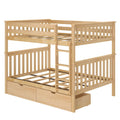 Natural wood loft bunk bed with slatted guard rails, ladder and built-in underbed storage drawers