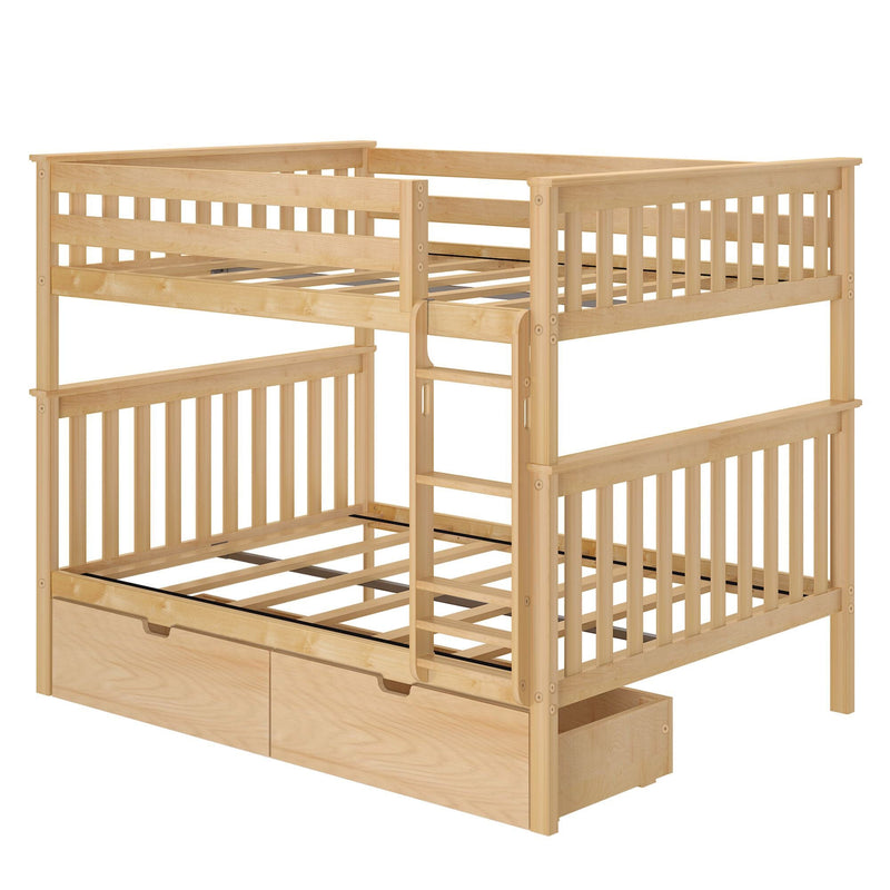 Natural wood loft bunk bed with slatted guard rails, ladder and built-in underbed storage drawers
