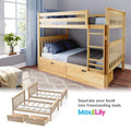 Modern solid wood twin-over-twin bunk bed with ladder and pull-out storage drawers, convertible to two freestanding beds in a child’s bedroom, natural finish