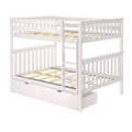 White wooden loft bunk bed with ladder, safety rails, slatted mattress support and built-in under-bed storage drawers for kids' bedroom