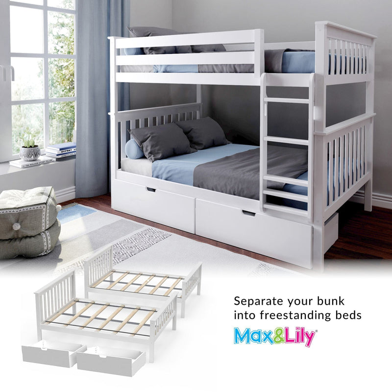 White wooden convertible Max & Lily bunk bed with ladder, built-in under-bed storage drawers and blue-gray bedding in a bright modern kids' bedroom