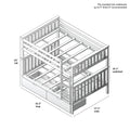 Twin-over-full wooden bunk bed with ladder, slatted guard rails, trundle and underbed storage drawers, fits standard mattresses up to 9″ thick (5″ recommended); dimensions 81.5″ L × 57.75″ W × 65″ H