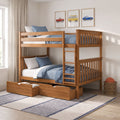 Solid wooden twin-over-twin bunk bed with pull-out storage drawers, blue bedding and vintage car wall art in a kids' bedroom