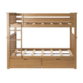 Solid wood twin-over-full bunk bed frame in natural oak finish with built-in ladder, slatted mattress supports and two under-bed storage drawers for space-saving children's bedroom furniture