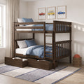 Solid dark wood twin-over-twin bunk bed with blue bedding, built-in under-bed storage drawers and ladder in a children's bedroom with striped rug, wicker basket with basketball and vintage car wall art