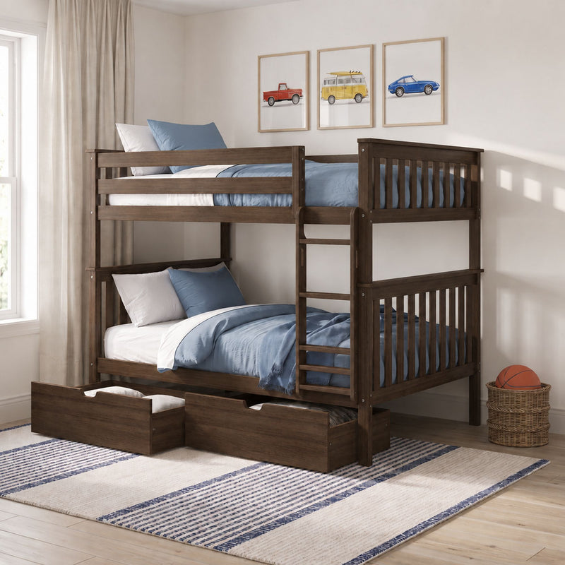 Solid dark wood twin-over-twin bunk bed with blue bedding, built-in under-bed storage drawers and ladder in a children's bedroom with striped rug, wicker basket with basketball and vintage car wall art