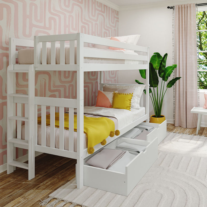 White twin bunk bed with built-in drawers in modern pink geometric kids' bedroom with yellow throw, decorative pillows and potted plant