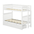 White wooden twin-over-full bunk bed frame with ladder, slatted safety rails and two under-bed storage drawers, minimalist design