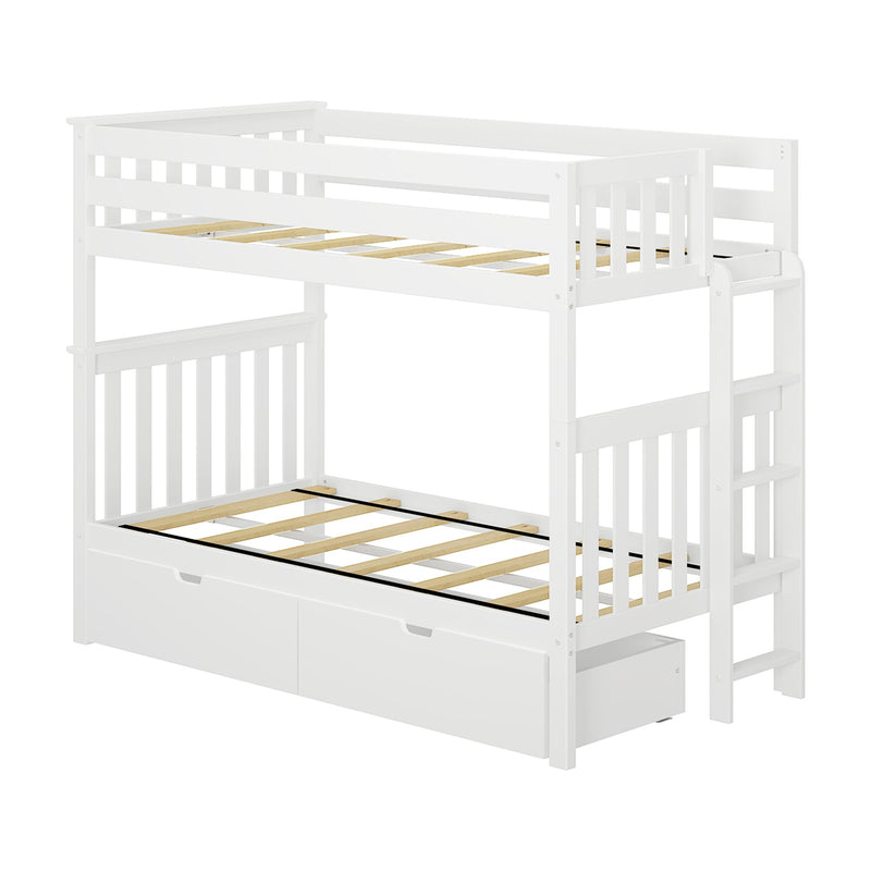 White wooden twin-over-full bunk bed frame with ladder, slatted safety rails and two under-bed storage drawers, minimalist design