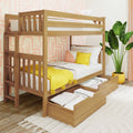 Twin wooden bunk bed with under-bed storage drawers in a modern kids' bedroom with yellow bedding, pink geometric wallpaper, and a potted tropical plant