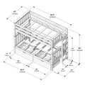 Assembly diagram of wooden twin-over-full bunk bed with ladder, guardrails and under-bed drawers; dimensions 82.5 in x 43 in x 65 in (210 x 110 x 165 cm)