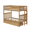 Natural oak wooden bunk bed with built-in ladder, slatted guardrails and under-bed storage drawers for kids' bedrooms