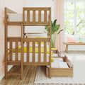 Wooden bunk bed with pull-out storage and yellow bedding in bright pastel kids' bedroom with large window, pink curtains and potted plant