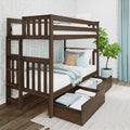 Dark wood twin-over-twin bunk bed with built-in under-bed storage drawers, white bedding, blue throw and decorative pillows in a modern kids' bedroom with ladder and potted plant