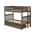 Dark brown wooden twin-over-twin bunk bed with slatted guardrails, built-in ladder, slatted mattress supports and under-bed storage drawers — space-saving kids’ bedroom furniture
