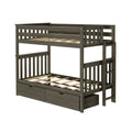 Wooden loft-style bunk bed with ladder and built-in under-bed storage drawers, weathered gray finish, slatted guardrails and platform slats — space-saving kids bedroom furniture