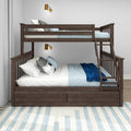 Dark wood twin-over-full bunk bed with ladder and under-bed storage drawers, light blue bedding and decorative pillows, brass wall sconces in kids bedroom