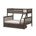 Dark brown wood twin-over-full loft bunk bed with angled ladder, slatted headboards and built-in under-bed storage drawers, shown with mattresses