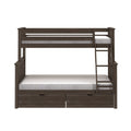 Dark brown twin-over-full wooden bunk bed with ladder, under-bed storage drawers and gray mattresses, modern farmhouse style