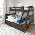 Dark wood twin-over-full bunk bed with ladder and under-bed storage drawers, blue and gray bedding, brass wall sconces, light gray curtains and hardwood floor in a modern kids' bedroom