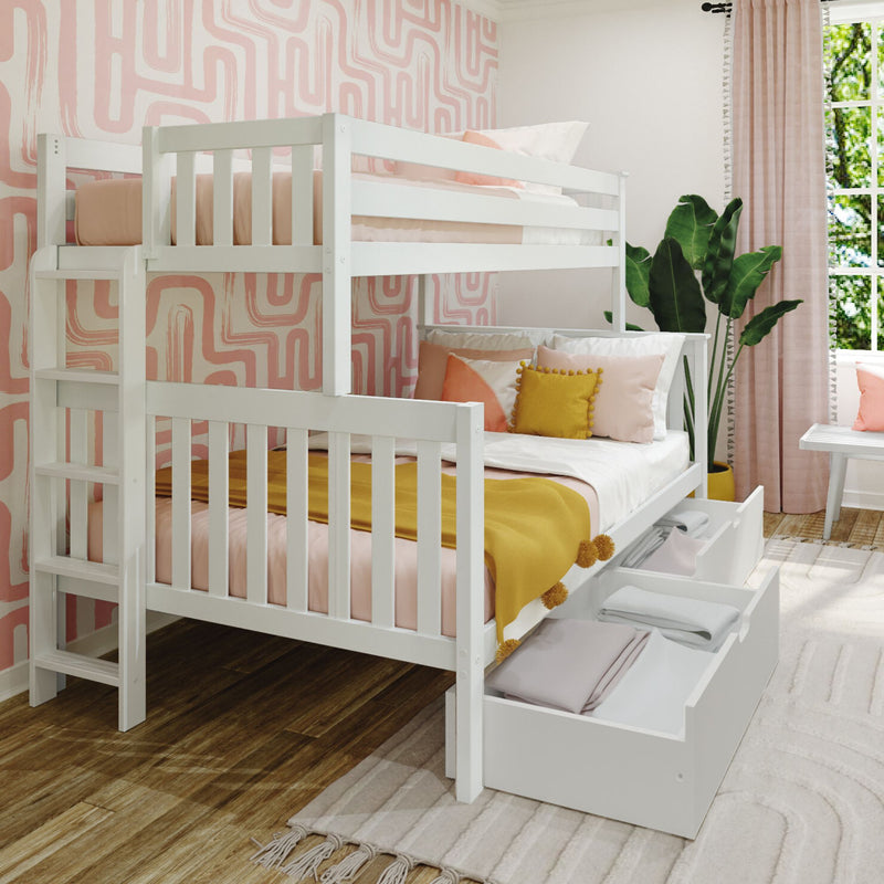 White wooden bunk bed with built-in drawers and under-bed storage in a pastel pink modern kids' bedroom with blush geometric wallpaper, mustard throw pillow and large green plant