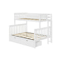 White wooden space-saving bunk bed with ladder, slatted mattress supports, safety guard rails and built-in storage drawers for kids' bedroom