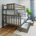 Gray wood twin-over-twin bunk bed with built-in under-bed storage drawers in a blue-accented kids' bedroom with patterned coastal wallpaper and potted plant