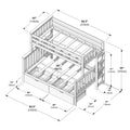 Isometric assembly diagram of wooden twin bunk bed frame with ladder and under-bed storage drawers, labeled dimensions 82.5″ (210cm) length, 57″ (146cm) width, 65″ (165cm) height