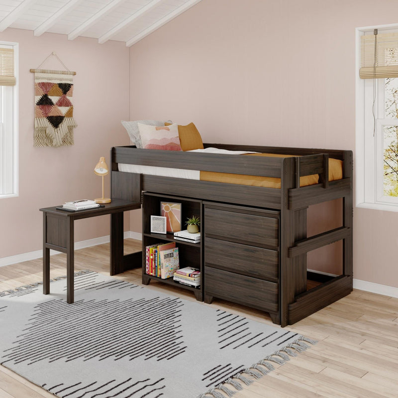 Dark wood loft bed with built-in desk and storage in a blush pink kids' bedroom with boho macrame wall hanging and striped area rug