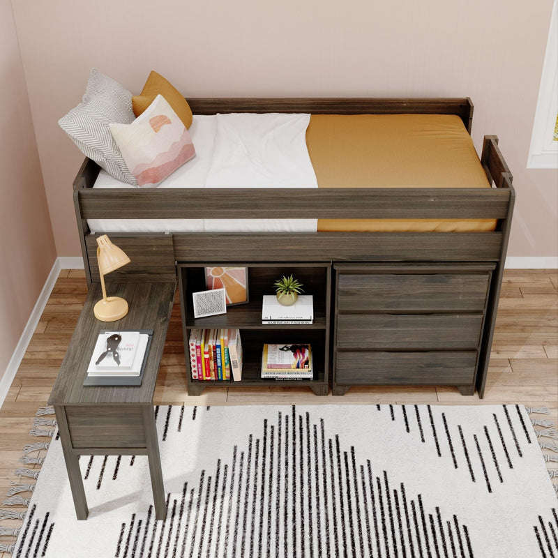 Modern twin loft bed with built-in desk and shelving, dark wood frame, mustard bedding, decorative pillows, yellow desk lamp and patterned rug