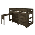 Dark wood loft bed with built-in desk and open shelving, space-saving bedroom furniture for kids and teens