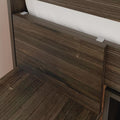Modern dark wood bed frame close-up showing textured wooden headboard and white upholstered panel for contemporary bedroom furniture