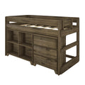 Rustic brown wood twin loft bed with guardrail, built-in shelves and drawers for space-saving bedroom storage for kids and teens