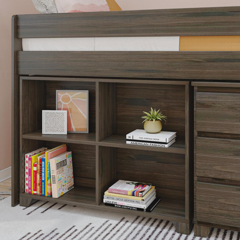 Dark wood twin loft bunk bed with built-in bookshelf and cubbies, styled with colorful children's books, framed art and a potted plant for modern kids' bedroom storage