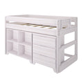 White wood twin loft bed with built-in storage shelves and drawers, safety rails and slatted mattress support — space-saving kids' bedroom furniture