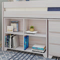 Whitewashed wooden bunk-bed bookshelf with stacked books, framed art, small potted plant and blue patterned rug — modern kids’ bedroom storage and display
