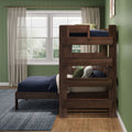 Dark wood bunk bed in green paneled bedroom with navy bedding, plaid pillows, large white window flooding natural light and sheer linen curtains
