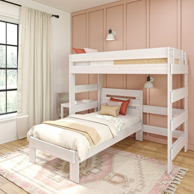 White wooden bunk bed with built-in desk, blush pink paneled accent wall, cream curtains and boho rug in modern kids bedroom