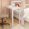 White wooden loft bed with built-in desk and study nook, beige swivel chair, decorative pillows and light wood flooring