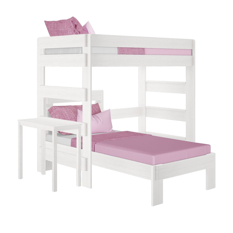 White wooden twin bunk bed with pink bedding and pillows, guardrails and ladder — modern kids bedroom loft bed