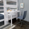 Whitewashed wooden bunk bed with built-in desk and study nook, styled with blue swivel chair, potted plant, pencil holder and framed daisy art in a modern grey bedroom