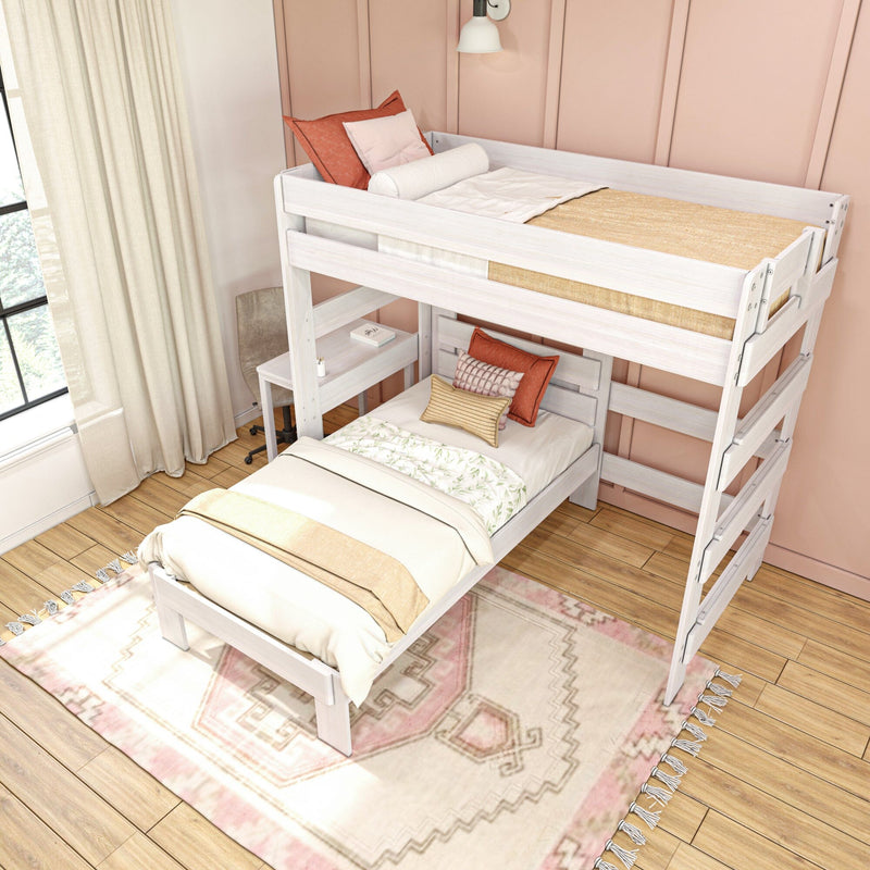 White wooden bunk bed with loft and lower twin, pink accent wall, beige curtains, decorative pillows and desk in kids' bedroom